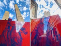 Una cintura rossoblu costellata di maxisagome “museali” riveste da oggi il cantiere della Garisenda