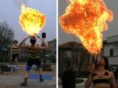 Tante maschere e il mangiafuoco al Carnevale in piazza ad Albinea