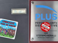 Adesivi offensivi e d’odio fuori dalla sede di Plus aps, Emily Clancy: “presidio fondamentale, tutta la nostra solidarietà”